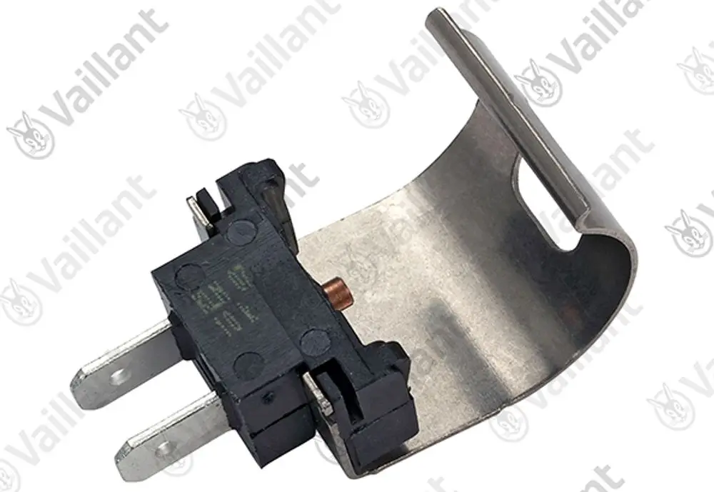 Vaillant NTC-Fühler mit metallischer Halterung und zwei elektrischen Anschlüssen, montiert auf einer flachen Unterlage.